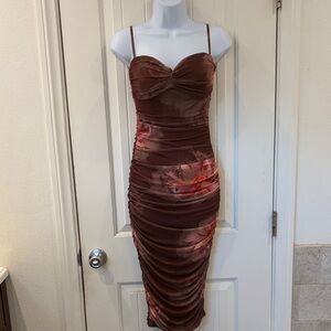 Windsor Brown Floral Ruched Midi Dress